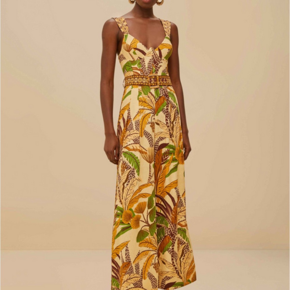 NWT Farm Rio Foliage Sketch Sand Jumpsuit Linen Wide Leg Belted Sz Lg